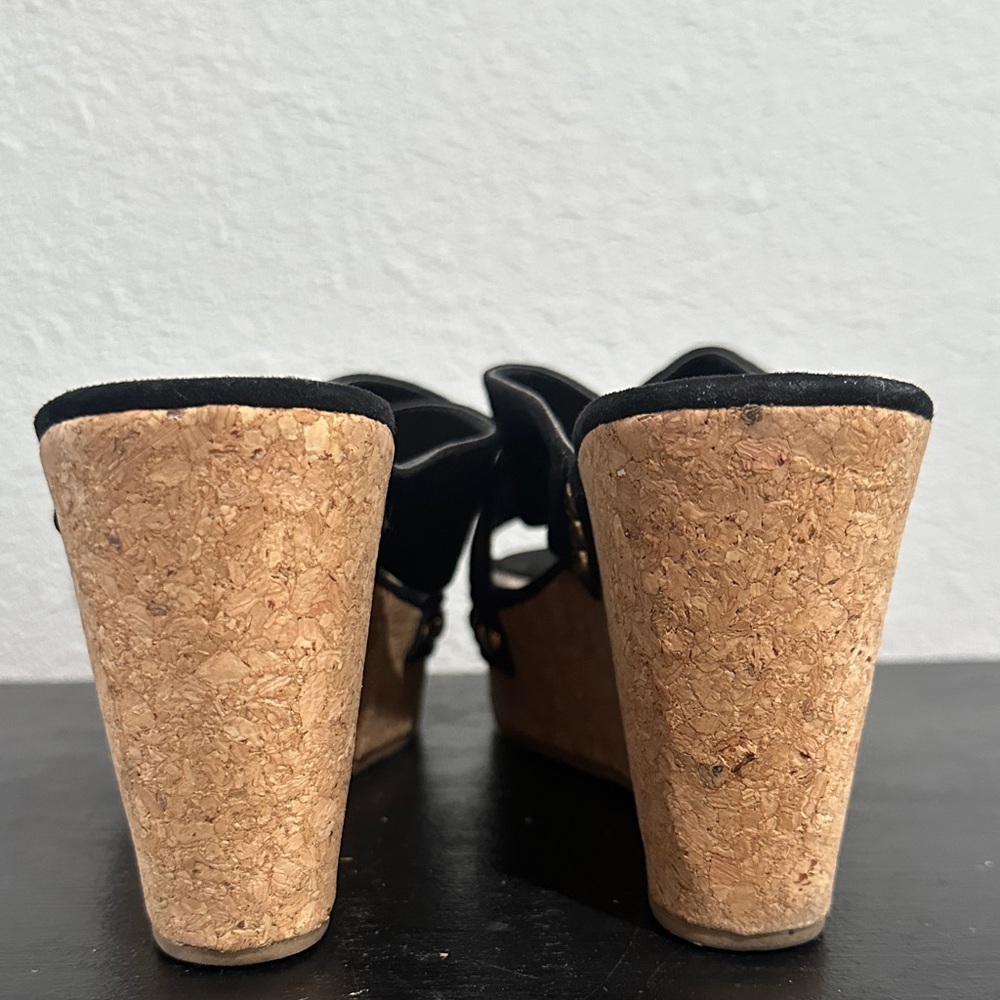 Shoe Dazzle Black Cork Wedge Slide Sandals with Stud Accents - Picture 4 of 8